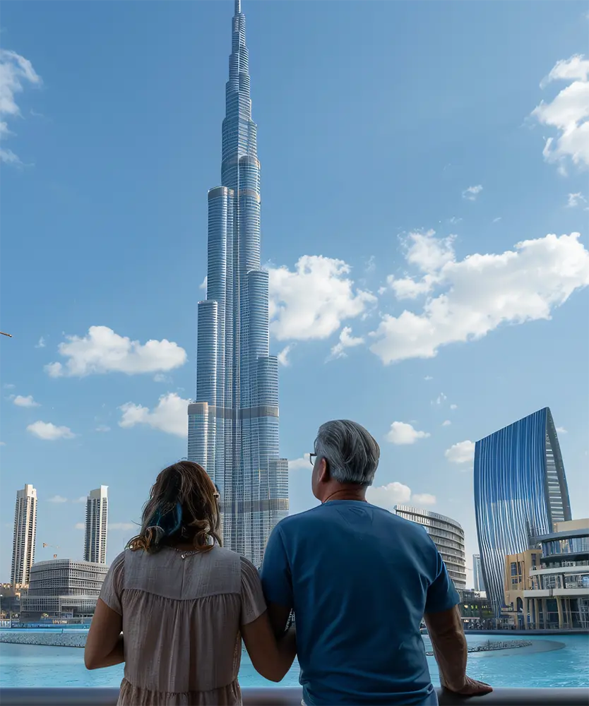 Business professionals observing Burj Khalifa, Dubai skyline